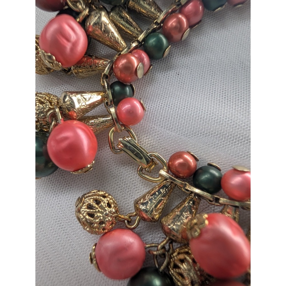 Mid-Century Pink Green Pearl Bead Tassel Collar Bracelet, Gold Tone Filigree - Picture 3 of 7